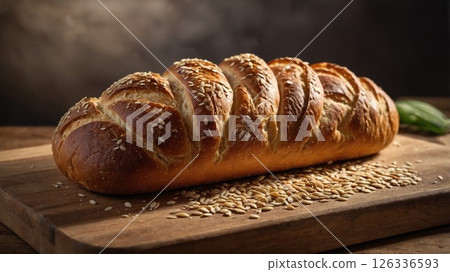 A freshly baked loaf of bread is resting on a wooden cutting board A freshly baked loaf of bread is resting on a wooden cutting board 126336593