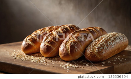 There are three loaves of freshly baked bread on a wooden cutting board 126336594
