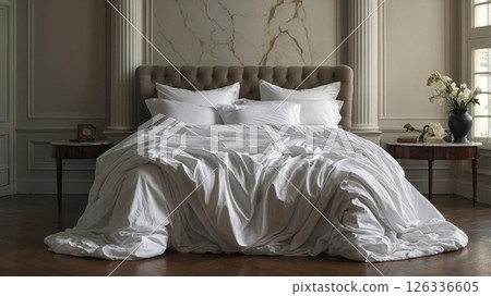 A cozy bed featuring white sheets and fluffy pillows in a nice bedroom 126336605