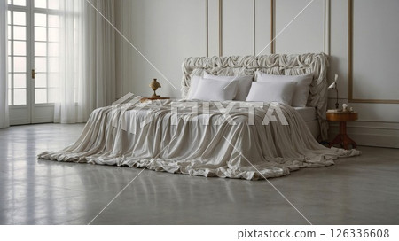 Luxurious bedroom interior with dramatically draped white silk bedding, classical molding details and soft natural light creating elegant atmosphere Luxurious bedroom interior with dramatically draped white silk bedding, classical molding details and soft natural light creating elegant atmosphere 126336608
