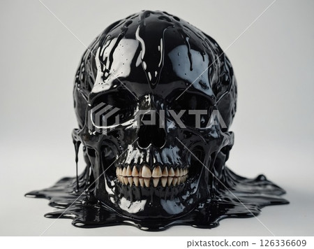 A black skull is slowly melting away on a pure white surface A black skull is slowly melting away on a pure white surface 126336609