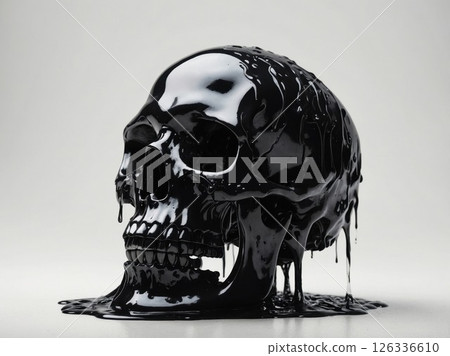 A black skull is slowly melting away on a pure white surface A black skull is slowly melting away on a pure white surface 126336610