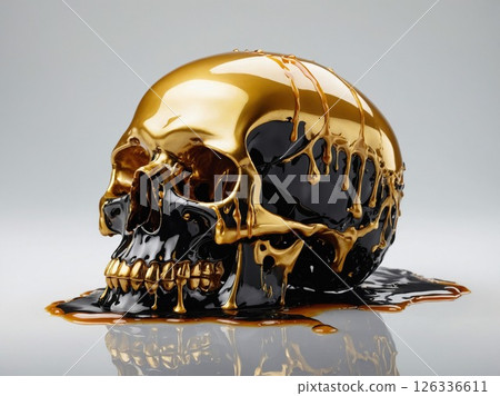 A striking black and gold skull is slowly melting on a pure white surface A striking black and gold skull is slowly melting on a pure white surface 126336611
