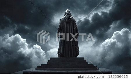 A statue depicting a grim reaper figure standing on a grand set of stairs 126336615