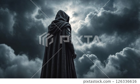 A mysterious cloaked figure stands under dark storm clouds, evoking mystery, drama, and fantasy in a moody, cinematic scene perfect for storytelling or epic visuals 126336616