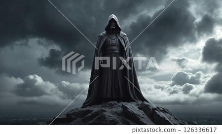 Mysterious hooded figure in dark robes standing atop rocky mountain peak against dramatic stormy sky, creating powerful silhouette in moody atmosphere 126336617