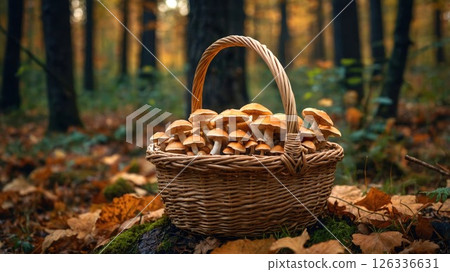 A rustic woven basket filled with freshly picked mushrooms sits in a vibrant autumn forest, surrounded by fallen leaves and nature's seasonal charm 126336631