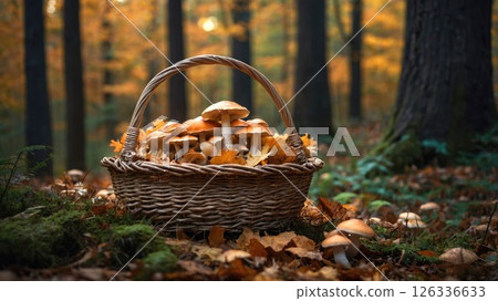 Rustic woven basket filled with fresh wild mushrooms surrounded by autumn leaves in magical forest setting with warm golden light filtering through trees 126336633