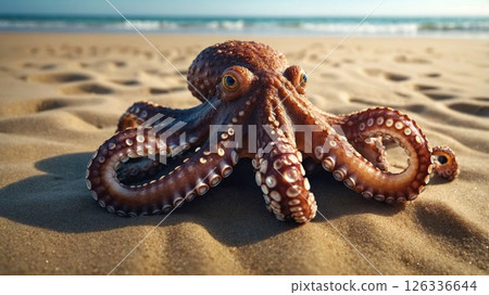 An octopus is currently laying on the sandy beach near the ocean 126336644