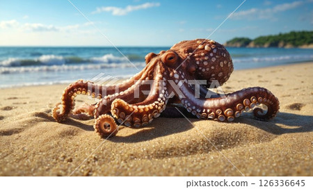 A detailed octopus sprawls across golden sand with ocean waves and a clear blue sky in the background. Its vibrant tentacles contrast beautifully with the natural coastal setting A detailed octopus sprawls across golden sand with ocean waves and a clear blue sky in the background. Its vibrant tentacles contrast beautifully with the natural coastal setting 126336645