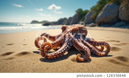 An octopus is currently laying on the sandy beach near the ocean An octopus is currently laying on the sandy beach near the ocean 126336646