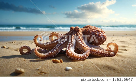 An octopus is currently laying on the sandy beach near the ocean An octopus is currently laying on the sandy beach near the ocean 126336647