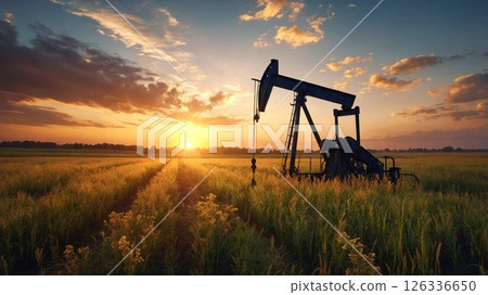 An oil pumpjack stands tall in a golden field during sunset, with vivid skies and clouds casting warm light over nature and industry. Ideal for themes of energy, environment, and rural landscapes An oil pumpjack stands tall in a golden field during sunset, with vivid skies and clouds casting warm light over nature and industry. Ideal for themes of energy, environment, and rural landscapes 126336650