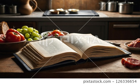 A vintage open book rests on a rustic kitchen table surrounded by ripe tomatoes, grapes, bread, and raw meat, evoking cozy, nostalgic cooking inspiration. Perfect for culinary or literature themes 126336654