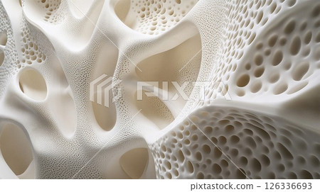 Abstract white organic structure with perforated surface texture resembling coral or bone tissue. Elegant curved forms create a mesmerizing pattern of holes and ridges in cream-colored material 126336693
