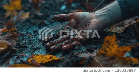 A person s hand is currently covered in dirt and leaves outside 126336697