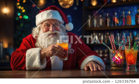 Jolly Santa relaxing at festive bar with colorful cocktail. Holiday portrait showing cheerful Saint Nicholas enjoying drink amid warm ambient lighting and Christmas decorations 126336704