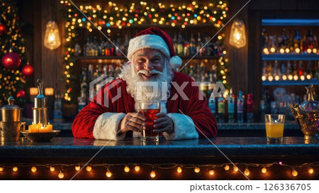 Santa Claus behind a festive bar, holding a drink, surrounded by glowing Christmas lights and decorations, creating a cheerful and quirky holiday scene 126336705