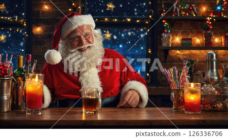 Santa Claus sitting at a warmly lit bar, enjoying a drink with a joyful smile, capturing a relaxed and festive holiday atmosphere 126336706