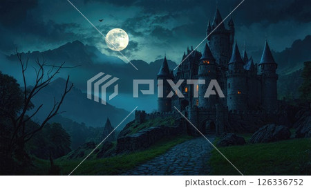 A majestic castle under the full moon, surrounded by misty mountains and barren trees, evoking a dark, mysterious, and gothic atmosphere 126336752