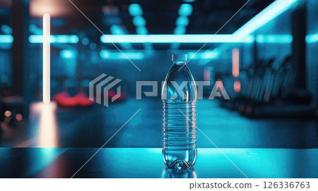 A water bottle with condensation stands on a reflective surface in a gym, with workout equipment and sunlit windows creating a warm, bokeh background 126336763