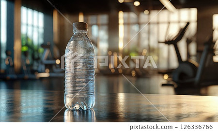 A water bottle with condensation stands on a reflective surface in a gym, with workout equipment and sunlit windows creating a warm, bokeh background 126336766