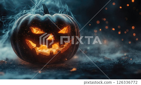 sinister glowing jack-o'-lantern surrounded by swirling mist and sparks, creating a haunting and atmospheric Halloween night scene sinister glowing jack-o'-lantern surrounded by swirling mist and sparks, creating a haunting and atmospheric Halloween night scene 126336772
