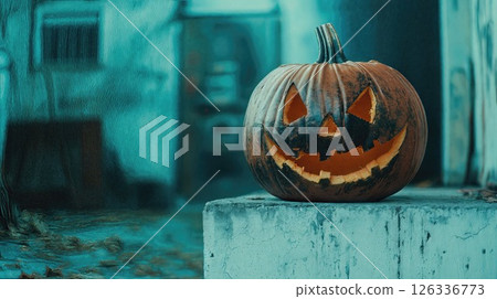 weathered jack-o'-lantern with a menacing grin sits on a concrete ledge in a dimly lit, eerie urban alley, evoking mystery and horror weathered jack-o'-lantern with a menacing grin sits on a concrete ledge in a dimly lit, eerie urban alley, evoking mystery and horror 126336773