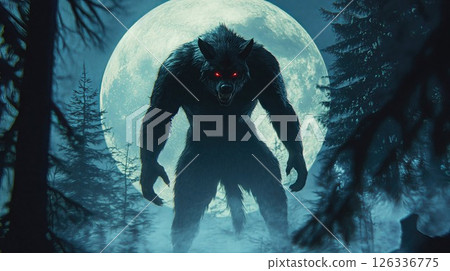 Menacing werewolf silhouette against full moon in misty forest. Dark fantasy creature with glowing red eyes and massive muscular form creates haunting horror atmosphere amid pine trees Menacing werewolf silhouette against full moon in misty forest. Dark fantasy creature with glowing red eyes and massive muscular form creates haunting horror atmosphere amid pine trees 126336775