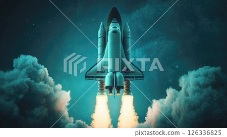A powerful space shuttle ascends into the cosmos, its engines roaring against a starry sky with glowing plumes of fire and smoke 126336825