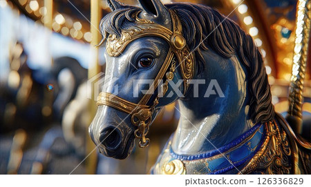 Ornate carousel horse with detailed gold baroque decorations and black finish, photographed in dramatic lighting with bokeh fairground lights in background 126336829