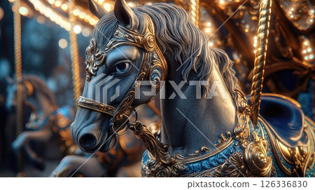 Ornate carousel horse with detailed gold baroque decorations and black finish, photographed in dramatic lighting with bokeh fairground lights in background 126336830