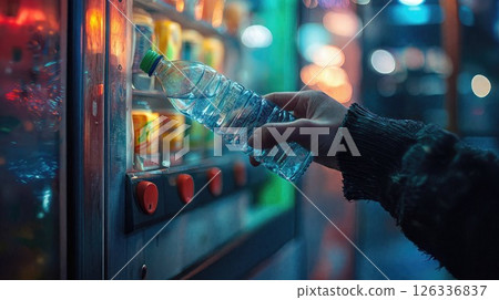 hand grabbing a cold water bottle from a vending machine, illuminated by neon city lights, reflecting urban nightlife and convenience 126336837