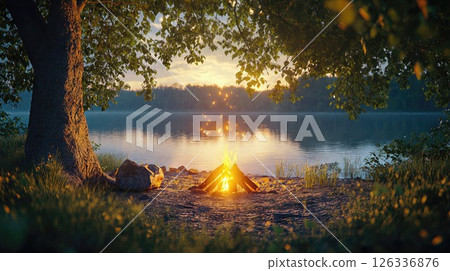 tranquil evening campfire glowing beside a calm lake under a lush tree, evoking warmth, nature, and peaceful outdoor adventure tranquil evening campfire glowing beside a calm lake under a lush tree, evoking warmth, nature, and peaceful outdoor adventure 126336876