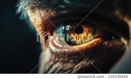 Extreme close-up macro photograph of a human eye with striking amber and turquoise iris patterns, showing detailed skin texture and wrinkles around the eye 126336886