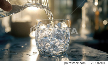 Water is currently being poured into a glass that contains ice cubes 126336901