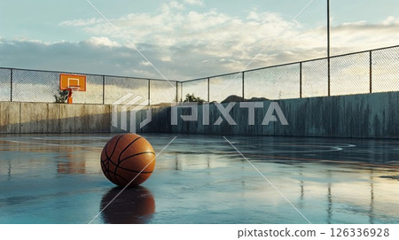 Solitary basketball on wet outdoor court at sunset with chain-link fence. Atmospheric sports photography capturing empty playground with dramatic sky and reflective surface Solitary basketball on wet outdoor court at sunset with chain-link fence. Atmospheric sports photography capturing empty playground with dramatic sky and reflective surface 126336928