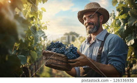 Happy winemaker holding basket of harvested grapes in vineyard during sunset. Portrait of bearded farmer in straw hat smiling while working in organic grape fields Happy winemaker holding basket of harvested grapes in vineyard during sunset. Portrait of bearded farmer in straw hat smiling while working in organic grape fields 126336930