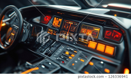 Retro-futuristic vehicle dashboard with orange LED displays and control panels. Vintage car interior with digital gauges and electronic interfaces creating sci-fi atmosphere 126336941