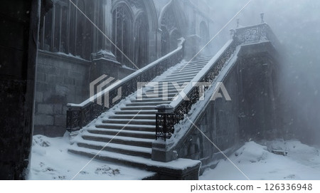 mystical, snow-covered staircase leading up to an old, gothic building, shrouded in fog. The wintry atmosphere and architectural details create an eerie, cinematic feeling 126336948