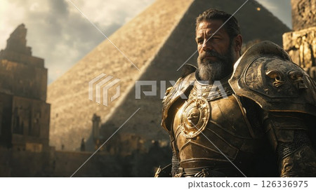 A bearded warrior in intricate golden armor stands powerfully against the backdrop of ancient pyramids, evoking history, strength, and adventure 126336975
