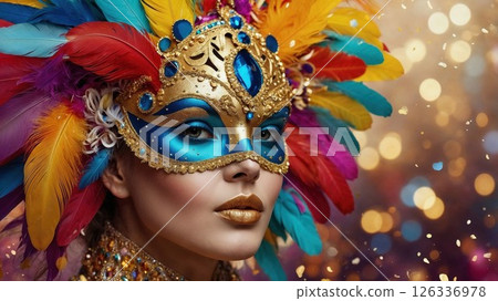 Glamorous woman in a jeweled carnival mask and colorful feathers poses in festive lighting, capturing the beauty, mystery, and elegance of masquerade celebration 126336978