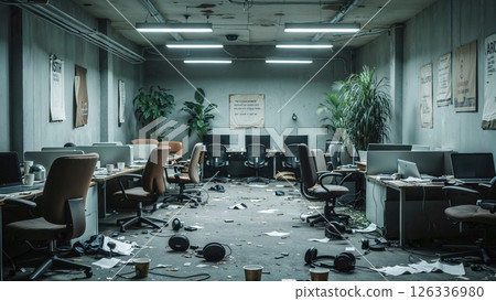 Abandoned modern office space in disarray with overturned chairs, scattered papers, and eerie lighting, evoking corporate collapse, chaos, and forgotten productivity 126336980
