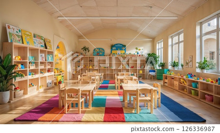 Sunlit Montessori classroom with wooden furniture, colorful toys, educational materials, and vibrant decor encouraging creativity, learning, and child-centered exploration in a nurturing space Sunlit Montessori classroom with wooden furniture, colorful toys, educational materials, and vibrant decor encouraging creativity, learning, and child-centered exploration in a nurturing space 126336987
