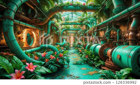 Lush greenhouse filled with vibrant tropical plants and colorful flowers, intertwined with aged industrial green pipes and metal machinery in a surreal urban garden 126336992
