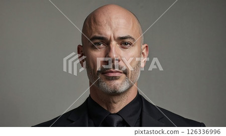 A confident bald man with a well-groomed beard and sharp eyes wears a black suit and tie, exuding professionalism, strength, and charisma in a studio portrait A confident bald man with a well-groomed beard and sharp eyes wears a black suit and tie, exuding professionalism, strength, and charisma in a studio portrait 126336996