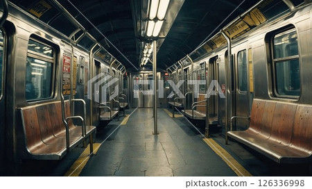 An empty subway car interior with vintage wooden seats and fluorescent lighting captures a quiet, urban transit atmosphere, blending old-world charm with modern functionality An empty subway car interior with vintage wooden seats and fluorescent lighting captures a quiet, urban transit atmosphere, blending old-world charm with modern functionality 126336998