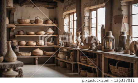 Rustic artisan workshop with handcrafted pottery and woven baskets displayed on wooden shelves. Traditional craftsman studio with stone walls, natural light streaming through windows illuminating Rustic artisan workshop with handcrafted pottery and woven baskets displayed on wooden shelves. Traditional craftsman studio with stone walls, natural light streaming through windows illuminating 126337011