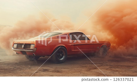Classic red Ford Mustang fastback in desert setting with dramatic dust clouds. Vintage American muscle car photographed in atmospheric sunset conditions with dynamic composition Classic red Ford Mustang fastback in desert setting with dramatic dust clouds. Vintage American muscle car photographed in atmospheric sunset conditions with dynamic composition 126337021
