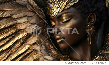 Fashion portrait featuring model with gold makeup and feather headdress against dark background. Artistic beauty photography combining African features with metallic elements and dramatic lighting 126337024